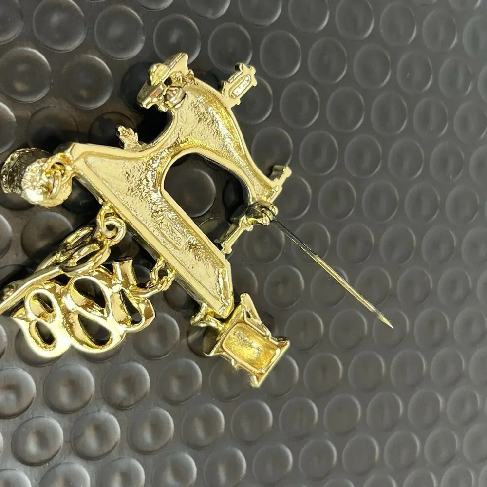 Vintage AJC Sewing Machine Brooch Pin Gold Tone Dangle Charms Scissors Thimble